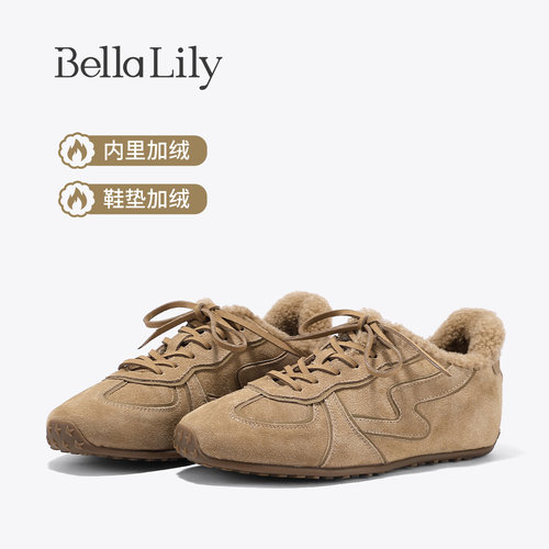 BellaLily2026冬季新款复古百搭休闲鞋加绒保暖毛毛鞋时尚德训鞋