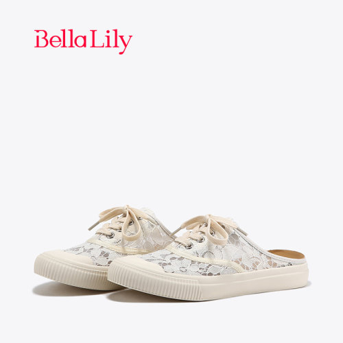 bellalily休闲网纱平底半包拖鞋
