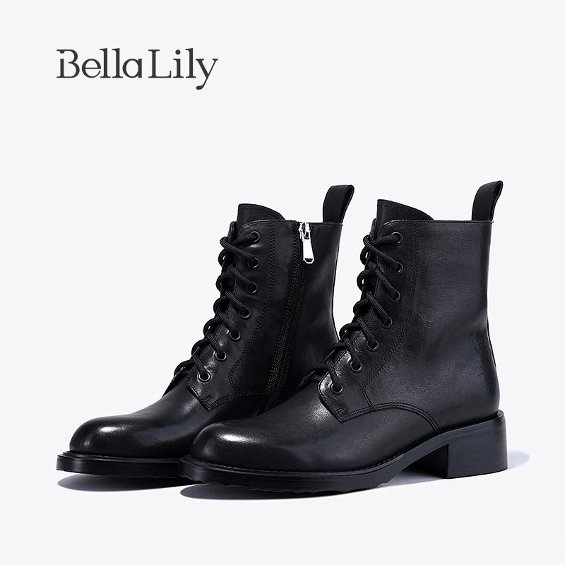 bellalily英伦方跟牛皮马丁靴