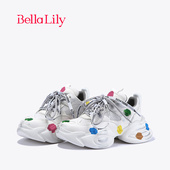 BellaLily新款 潮流小白鞋 网面涂鸦老爹鞋 女增高做旧脏脏鞋