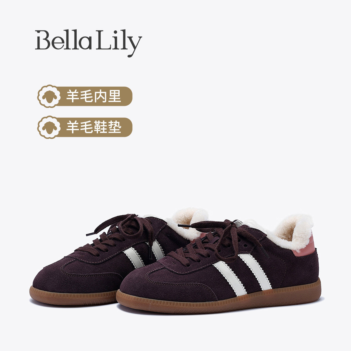 BellaLily冬季新款加绒保暖德训鞋女斜杠潮休闲鞋百搭羊毛平底鞋,女鞋,时尚休闲鞋,淘宝优惠券,粉丝福利购,淘宝优惠卷