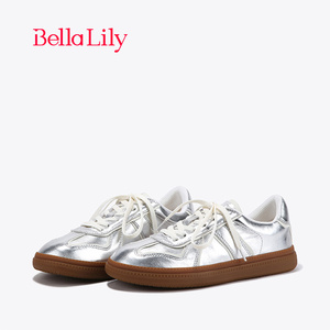 BellaLily2024新款轻便银色德训鞋女显脚小羊皮板鞋潮流休闲鞋