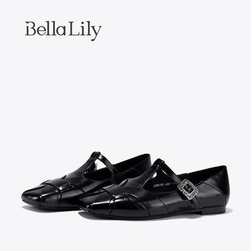 BellaLily2026秋季新款复古罗马风方头玛丽珍鞋编织设计时尚单鞋