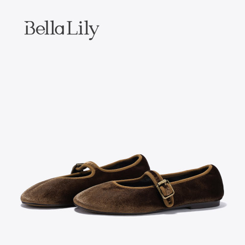 BellaLily2026秋季新款复古时尚一字扣带浅口单鞋舒适百搭平底鞋