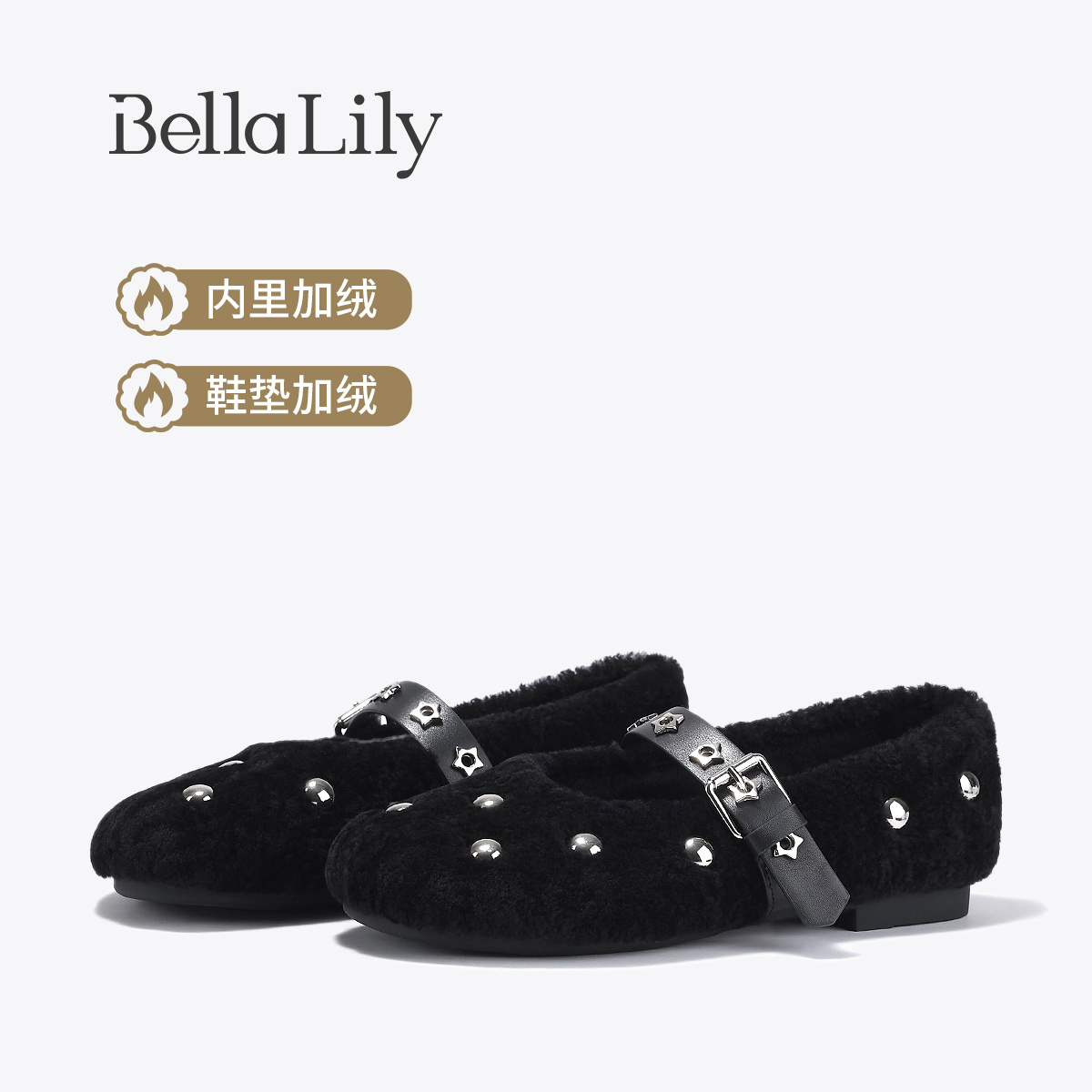 BellaLily2025冬新款气质时髦精平底单鞋千金感玛丽珍鞋羊毛鞋子