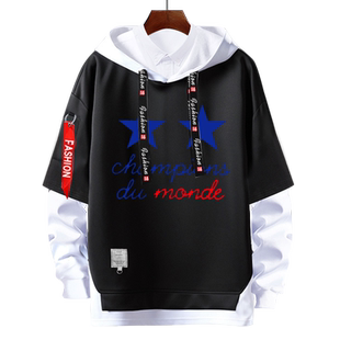 法国国家队姆巴佩足球迷服假两件连帽卫衣男女学生拼接带帽子外套