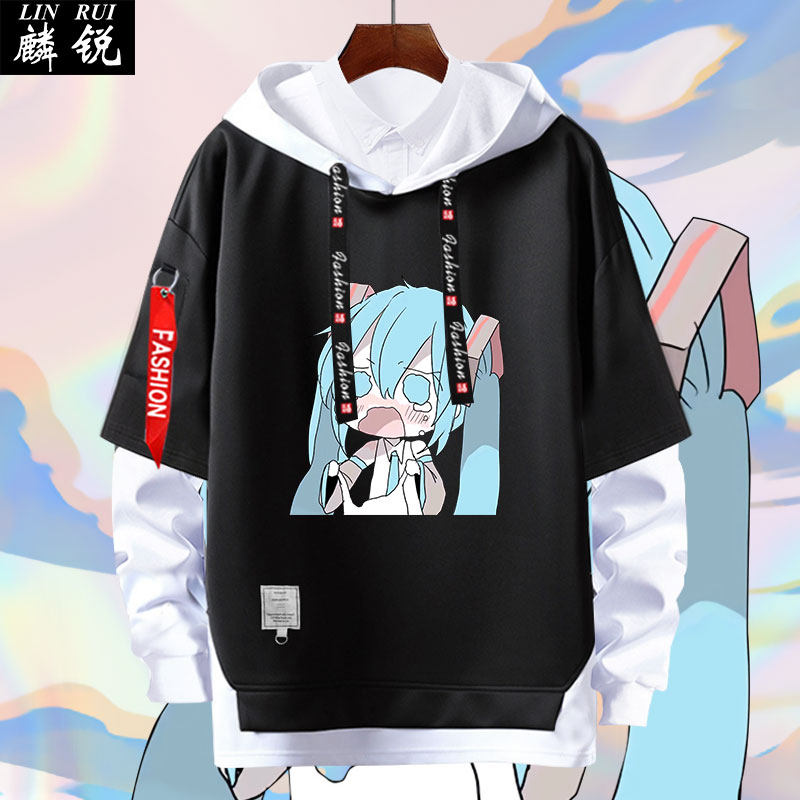 初音未来二次元动漫周边假两件连帽卫衣男女学生情侣装外套带帽衫