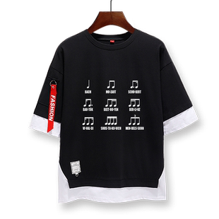 字母音乐家作者插画五线谱音符假两件短袖T恤衫男女5五分袖半中袖