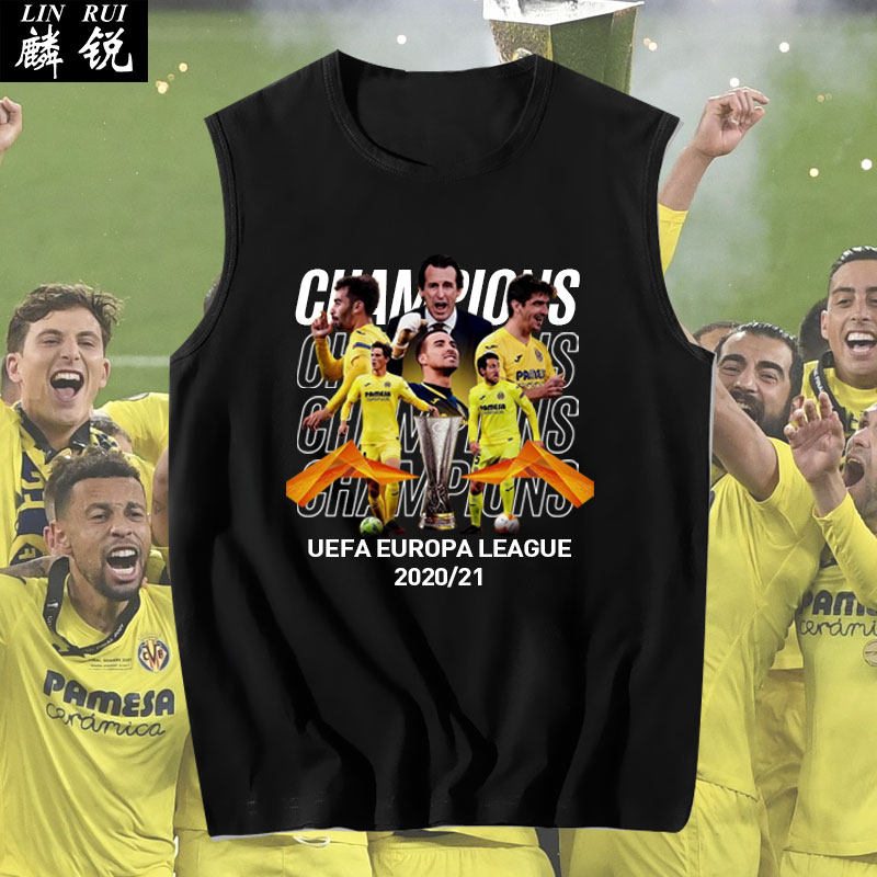 比利亚雷亚尔2021夺冠欧联杯足球迷纪念队服背心男士无袖T恤衫夏