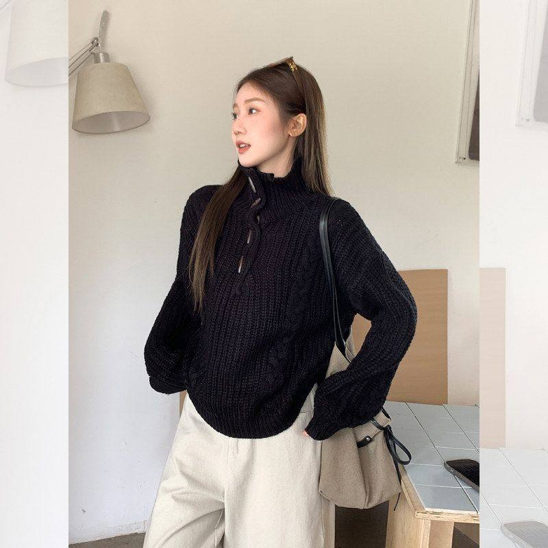 黑色翻领纽扣加厚套头毛衣女20255秋冬高领麻花慵懒风松弛感上衣