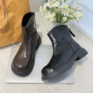 MONIKA时尚 切尔西靴女短靴皮质侧拉链厚底马丁靴英伦风M5131