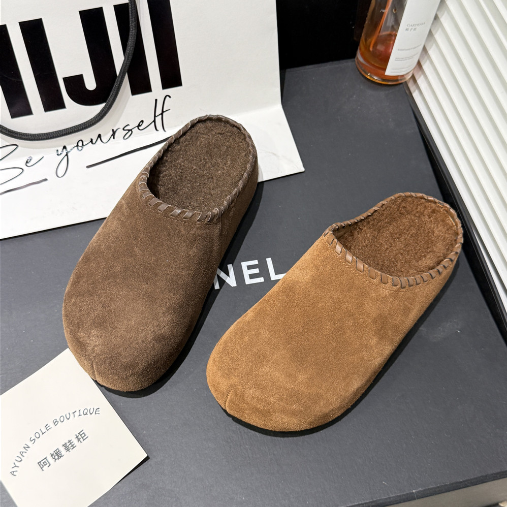 圆典~加绒棉鞋2025冬季真皮勃肯鞋平底一脚蹬包头半拖鞋YD289-170