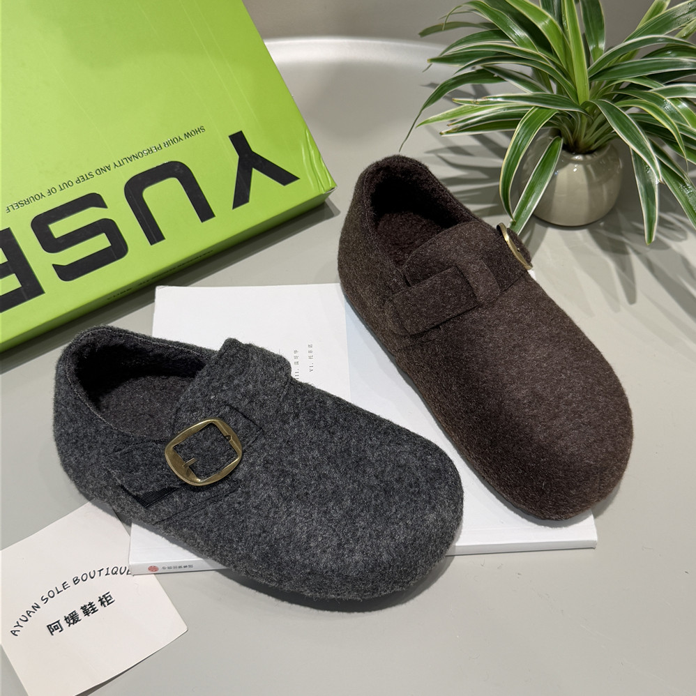 0001复古呢子毛绒圆头皮带扣鞋