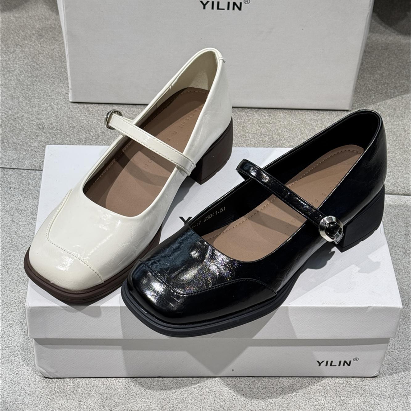 YILIN一里法式粗跟玛丽珍鞋女2025一字扣带小皮鞋方头单鞋203-17