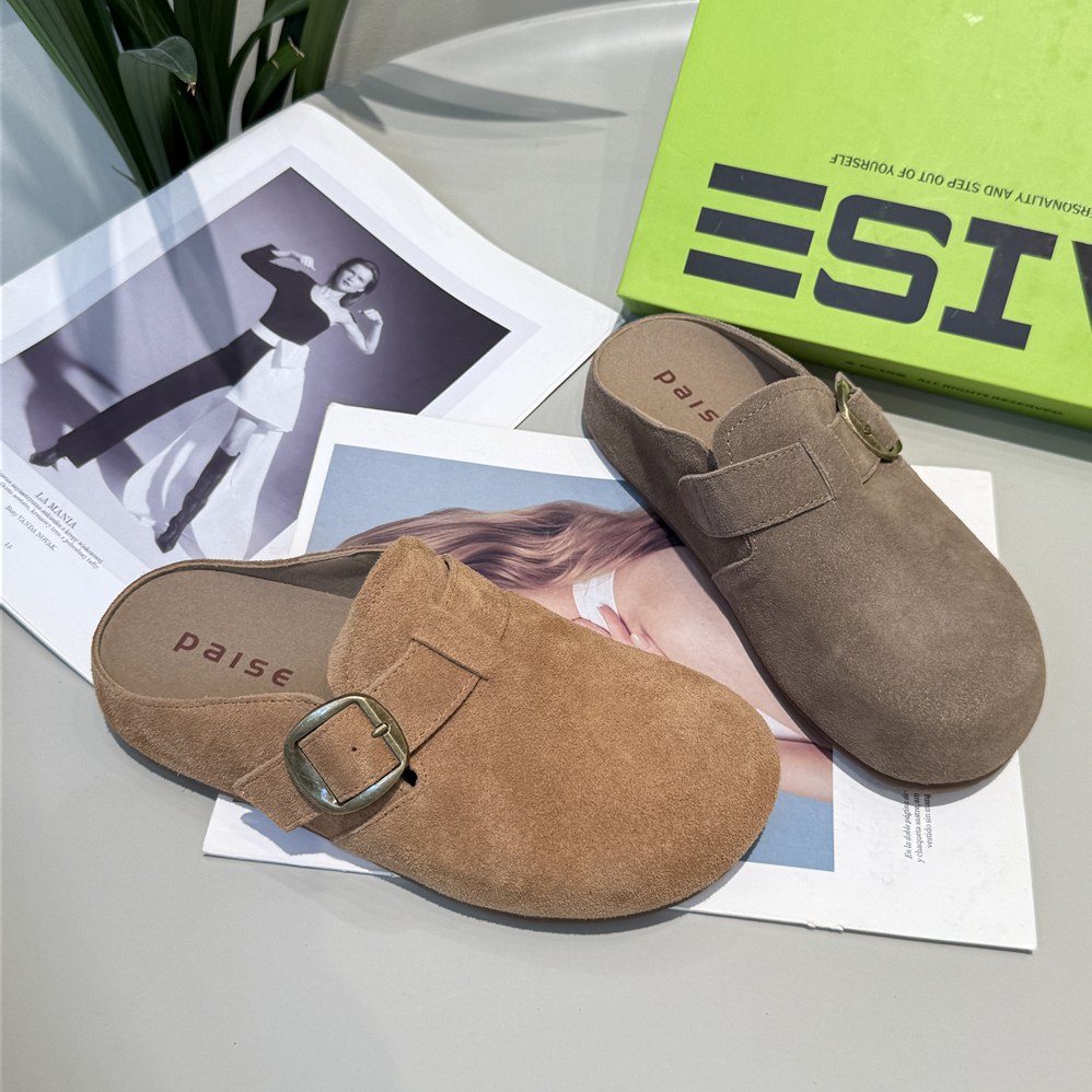 拍色~简约一脚蹬韩版纯色厚底2025秋新磨砂皮包头拖勃肯拖715-2