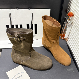 圆典 167 瘦瘦靴2025冬复古真皮褶皱西部牛仔靴内增高中筒百搭289