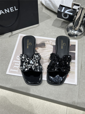 一字拖时尚舒适百搭亮片平底软底