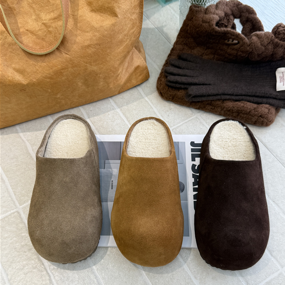 TATAFOCUS~大头4CM加绒勃肯鞋2025冬反绒皮一脚蹬包头拖鞋711