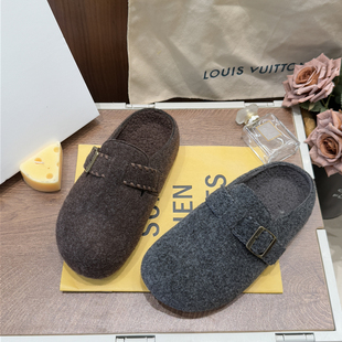 秋冬288 懒人一脚蹬毛毛鞋 加绒加厚圆典包头拖鞋 甜美博肯鞋