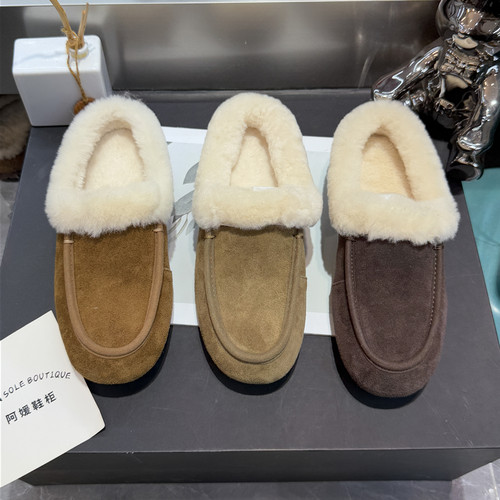 Meeigeec.Q~懒人毛毛鞋2025冬季磨砂皮羊羔毛平底包头拖鞋6618-8