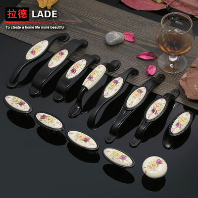 拉德现代简约黑色陶瓷拉手单孔欧式仿古橱柜门田园抽屉柜子把手