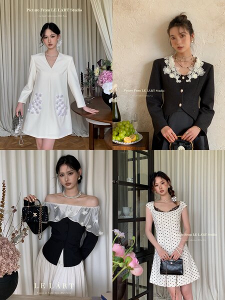 Collage of women modeling elegant dresses in white, black, and polka dot styles