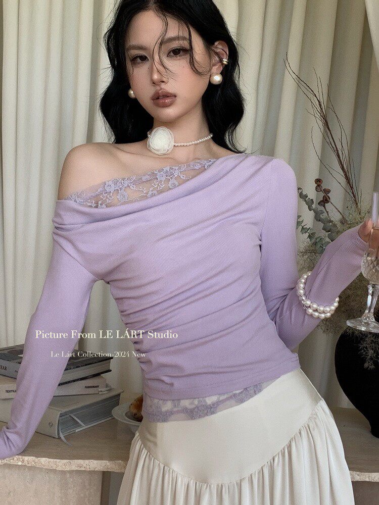 Lavender off-shoulder lace-trim long-sleeve top worn by a model