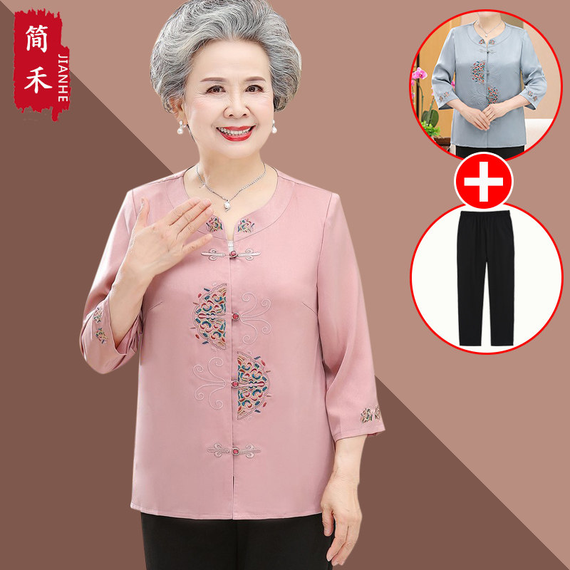 奶奶夏装套装女中老年人短袖衬衫妈妈夏季70岁80老人太太春装衣服