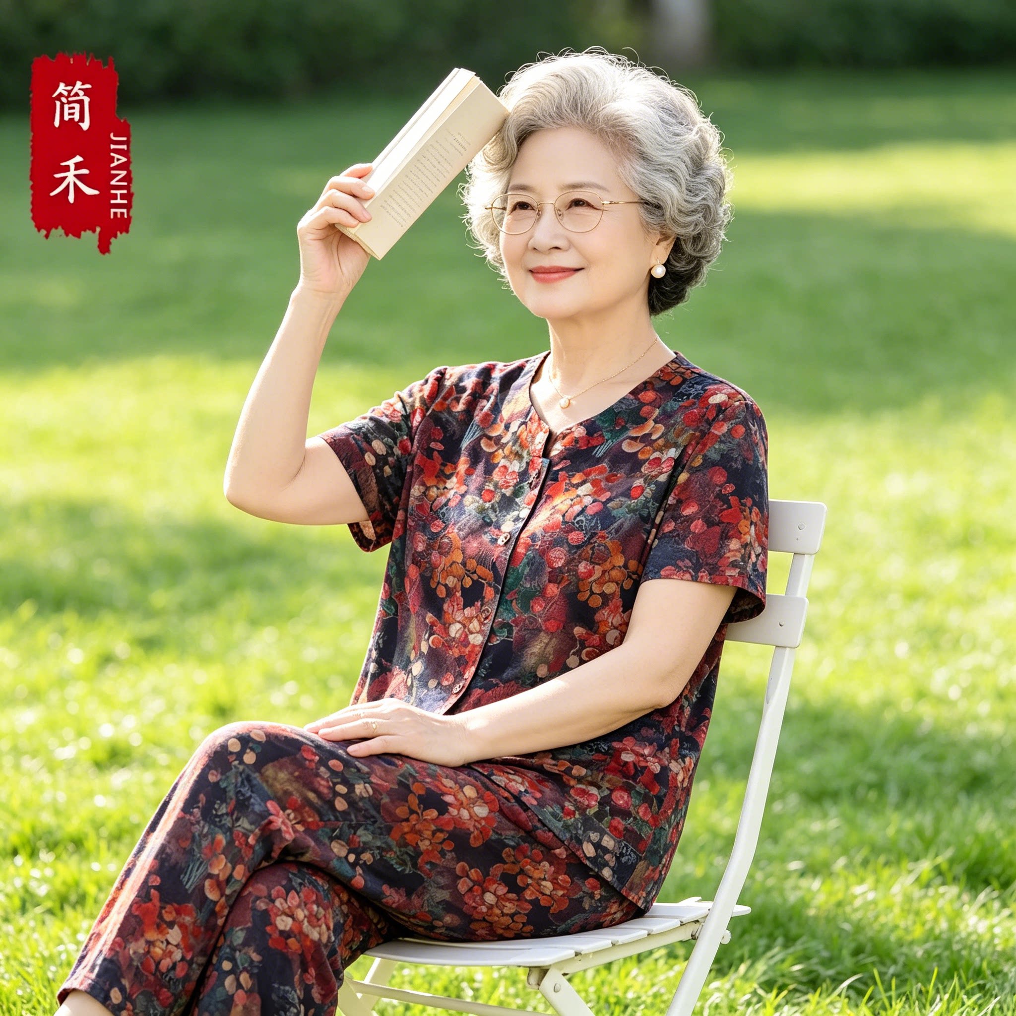 中老年女夏季棉绸短袖奶奶套装