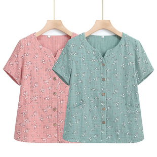 中老年人夏装衬衫女奶奶短袖纯棉开衫妈妈装夏季全棉套装老人衣服