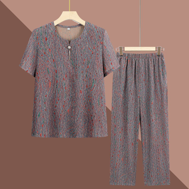 中老年人夏装冰丝套装女妈妈装夏款两件套奶奶装短袖老人衣服宽松