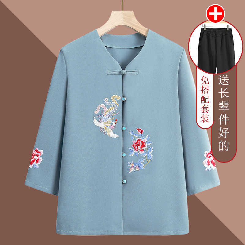 中老年人春装女奶奶气质衬衫套装妈妈夏季开衫雪纺上衣老太太衣服