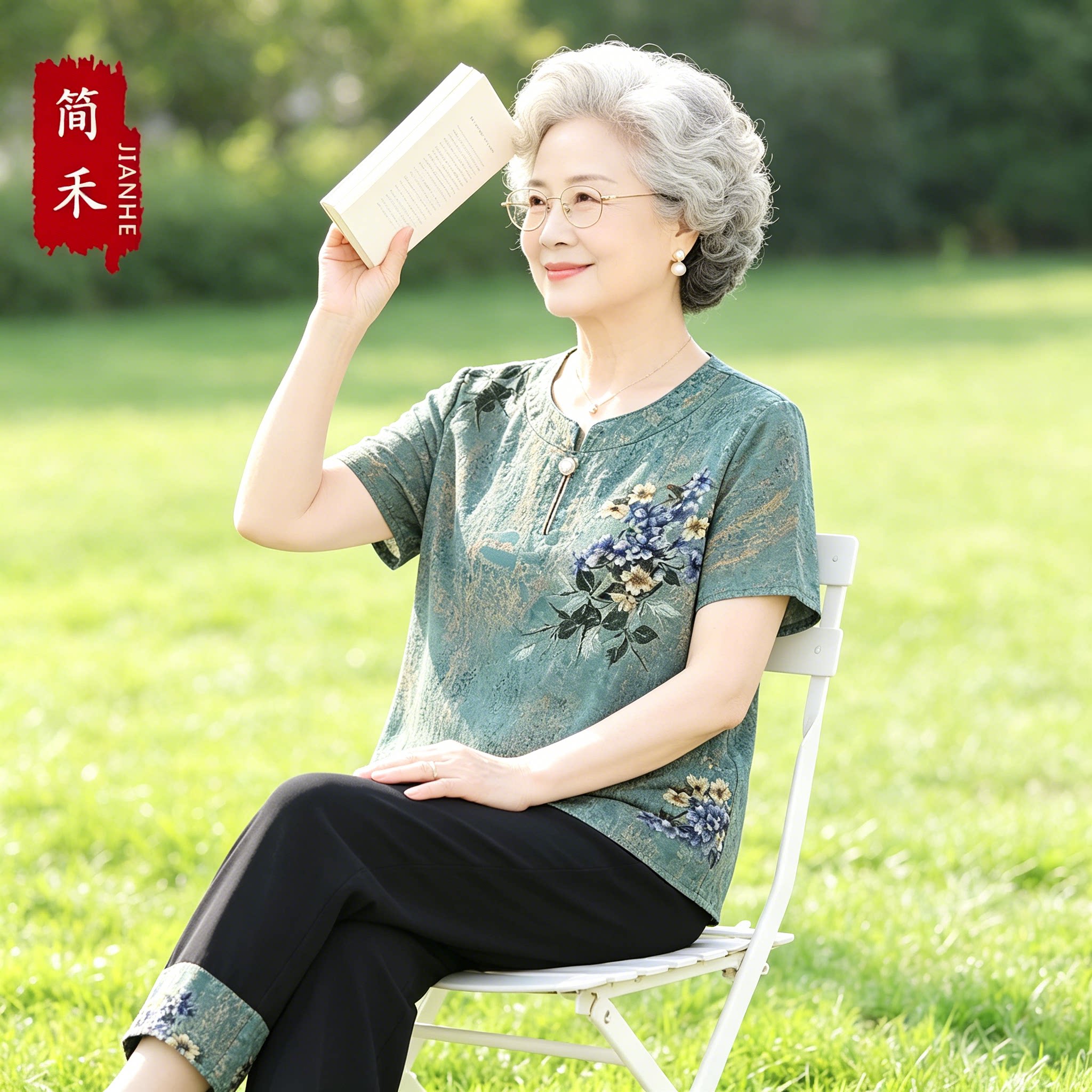 奶奶夏季棉质短袖T恤洋派套装