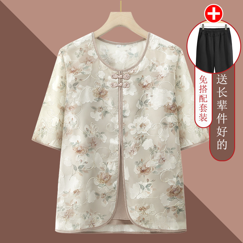 中老年女夏半袖T恤假两件薄款印花雪纺衫妈妈装洋气奶奶上衣套装