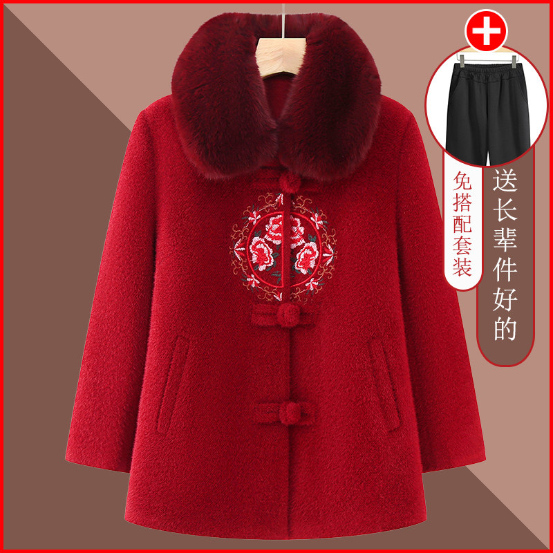 中老年妈妈秋冬外套加绒加厚貂绒大衣老年人女装奶奶唐装呢子上衣