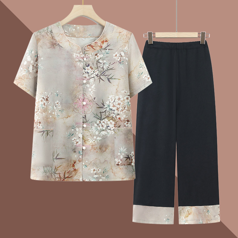奶奶装夏装短袖套装中老年人女装夏季老人衣服小个子妈妈上衣裤子