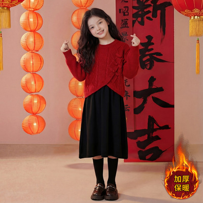 女童冬季加绒毛衣背心裙两件套