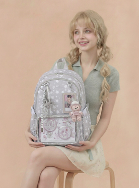 AORDA 灰色痛包书包初中女生高中生大容量双肩日常款背包娃包吧唧