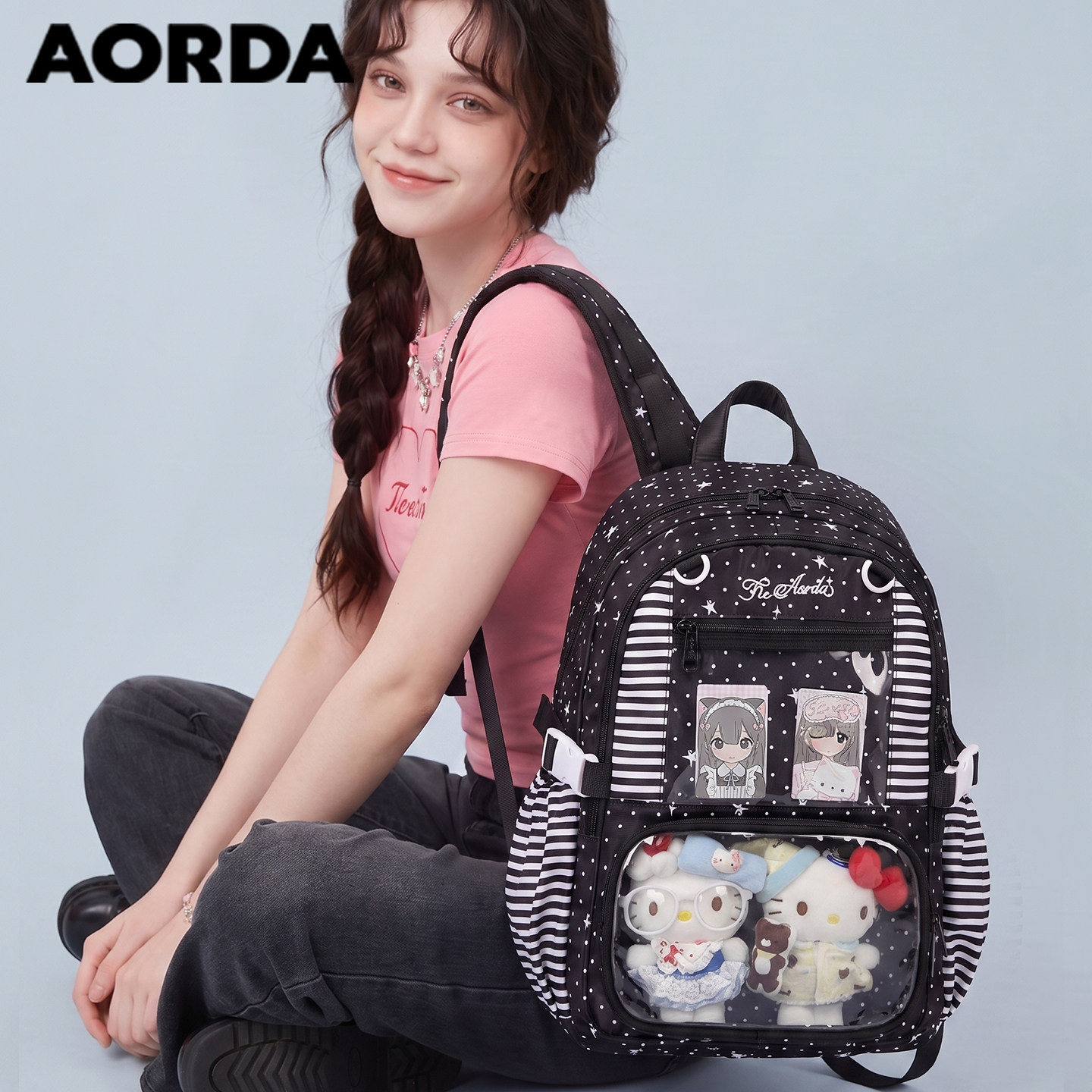 AORDA简约黑色痛包大容量双肩包图片