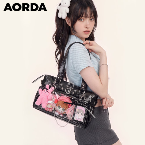 AORDA韩系黑色机车痛包透明娃包