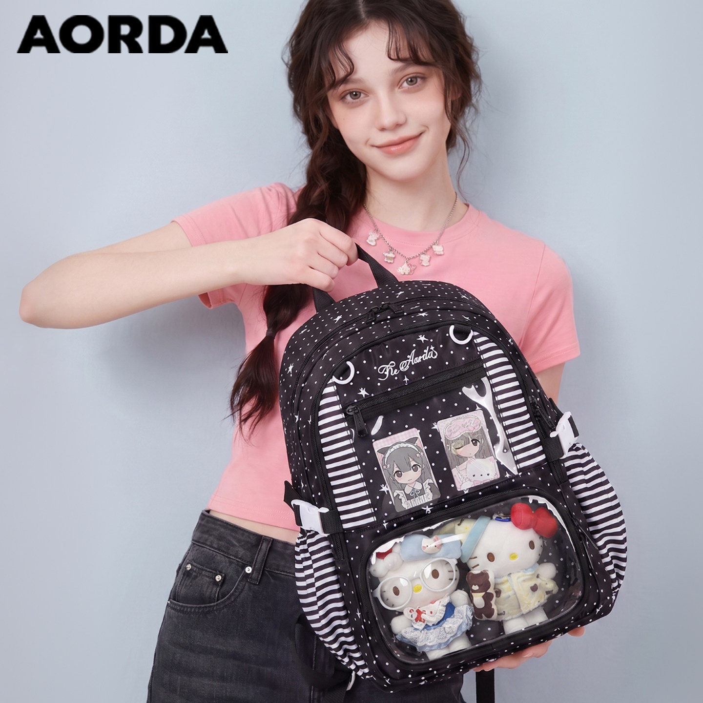 AORDA高中学生黑色痛包双肩背包图片