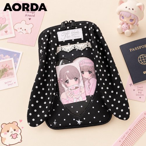 AORDA可爱兔耳波点斜挎黑色痛包