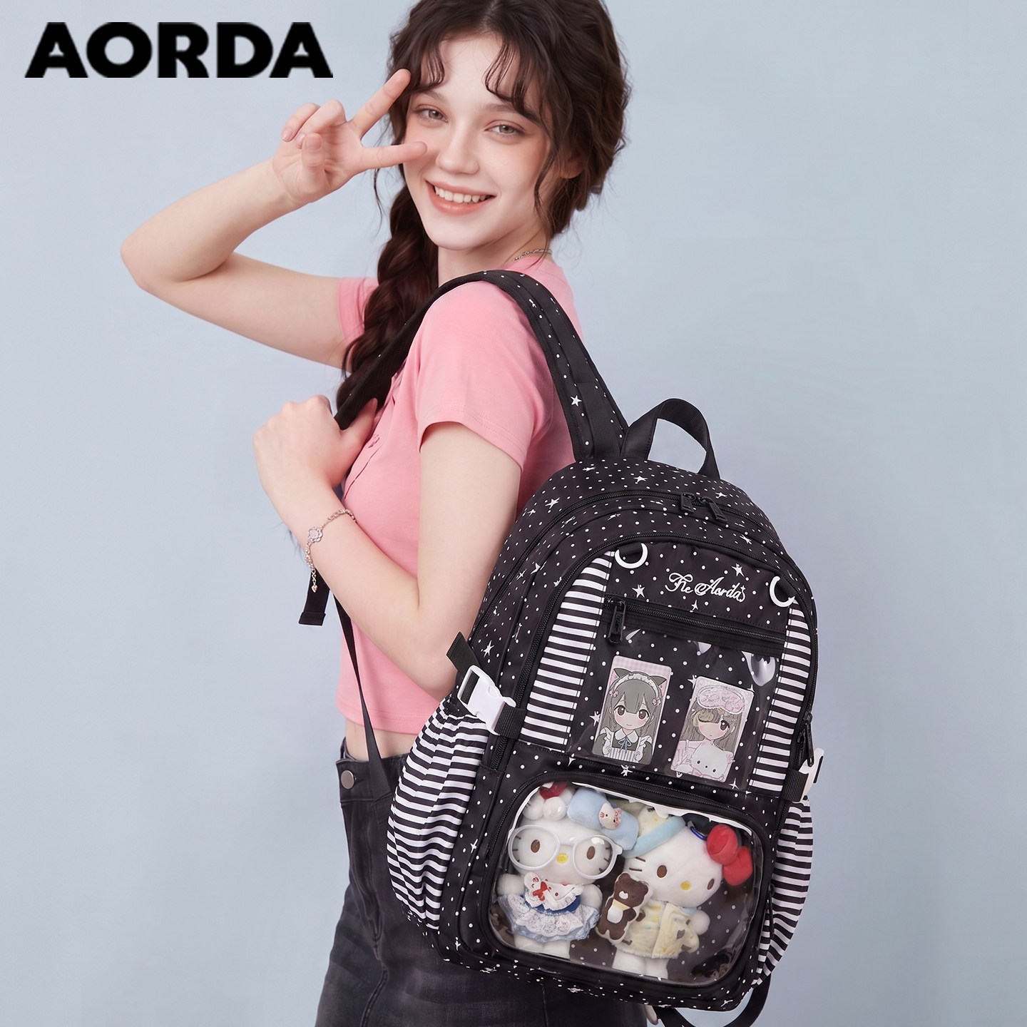 AORDA通勤黑色痛包大容量双肩包图片