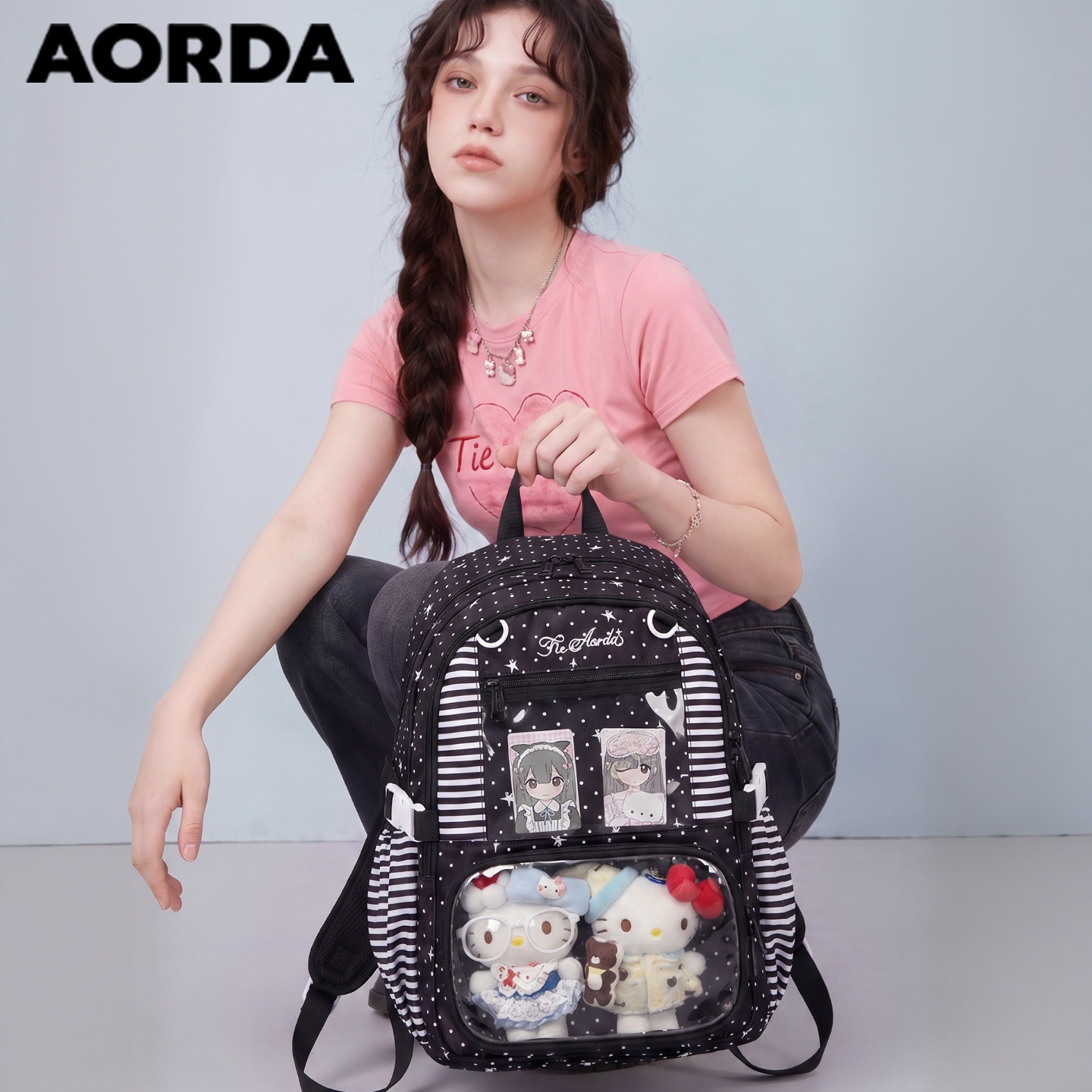 AORDA日常黑色痛包大容量双肩包图片