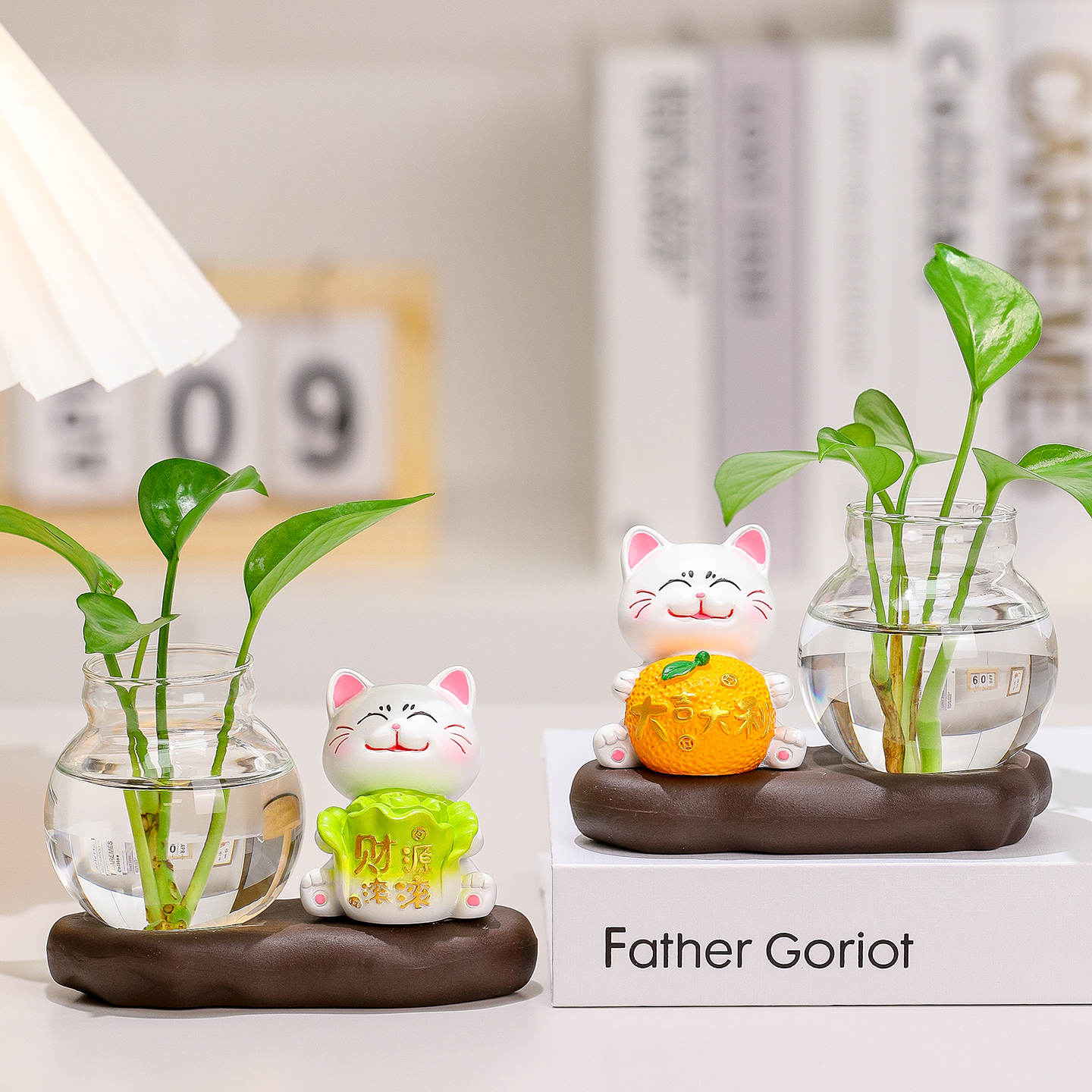 治愈系招财猫绿萝水培花瓶装饰品