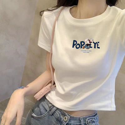 欧货白色短袖T恤女2025夏季新款圆领纯棉辣妹正肩短款上衣小衫潮