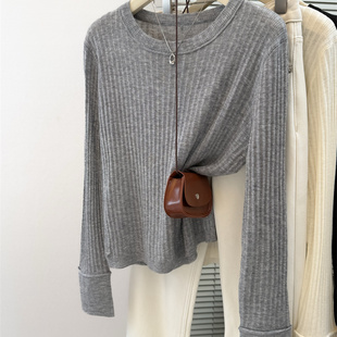欧货圆领长袖针织衫女2026春秋新款简约休闲灰色内搭打底衫0204r