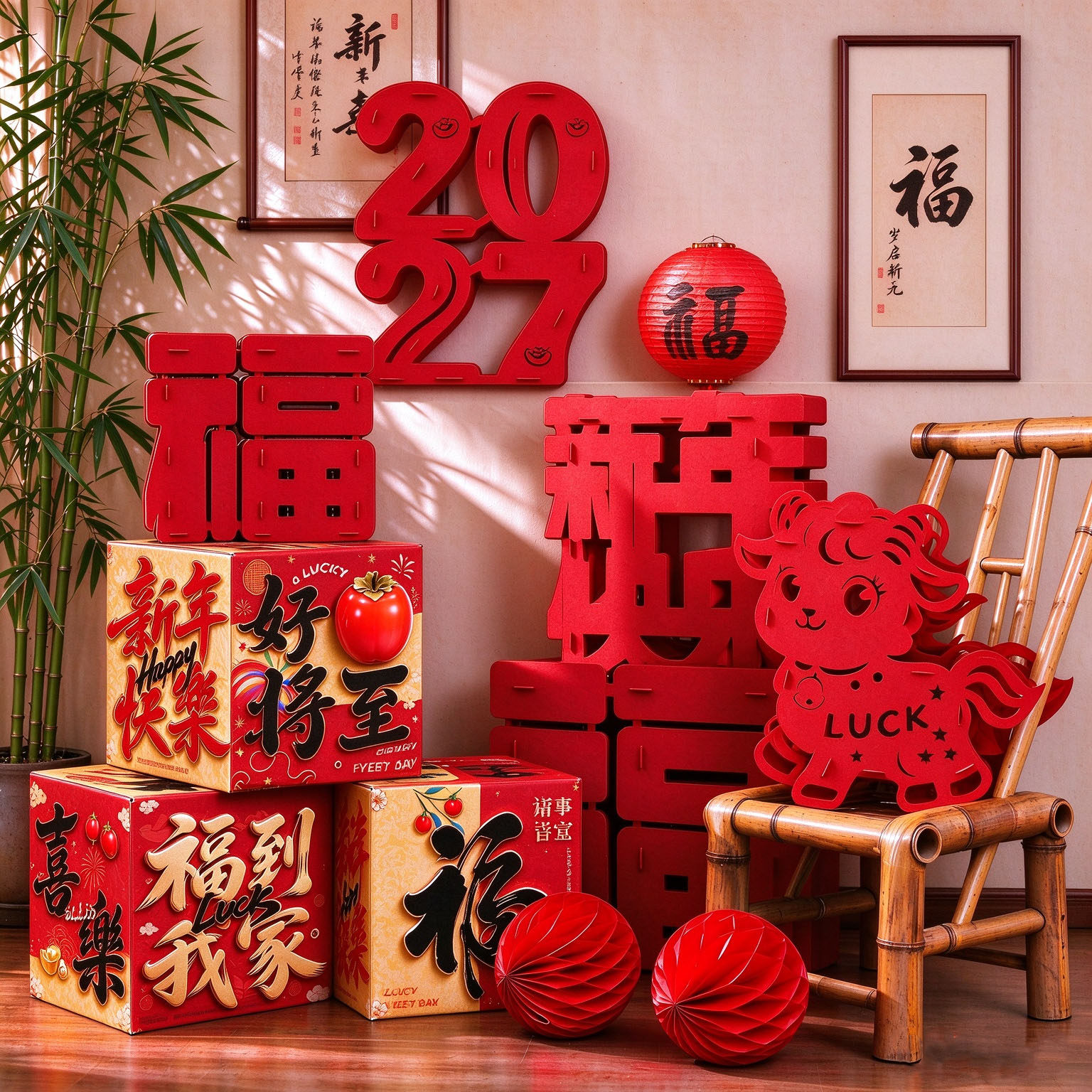 2027新中式国风春节装饰用品地堆盒福字立体摆件新年活动布置道具