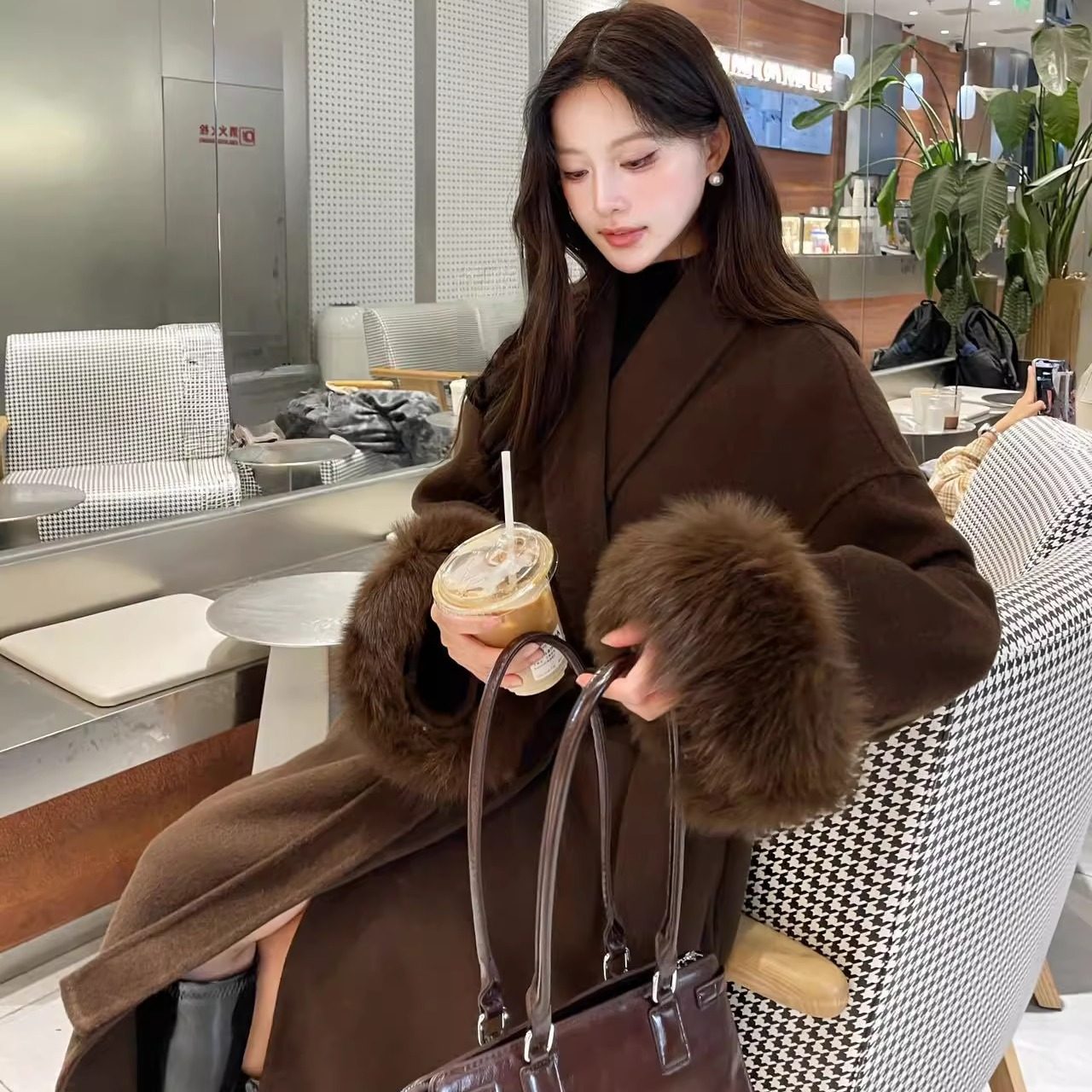 紫色狐狸毛袖口羊毛大衣毛呢外套