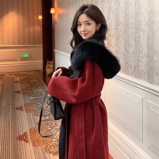 雪后女神狐狸毛领毛呢外套女2025冬新款连帽高级感双面呢羊毛大衣